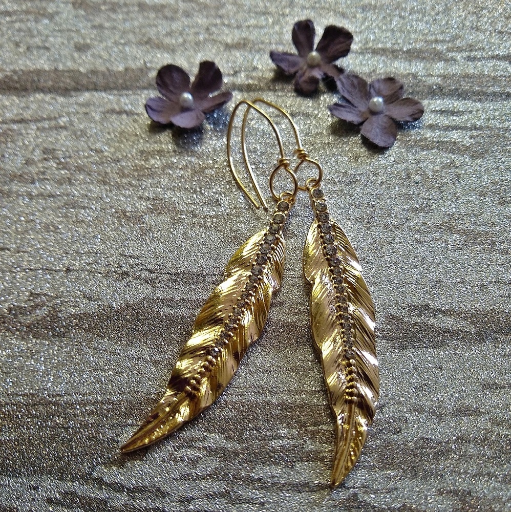Gold Leaf Earrings with Zircon Bling - Picture 2 of 8